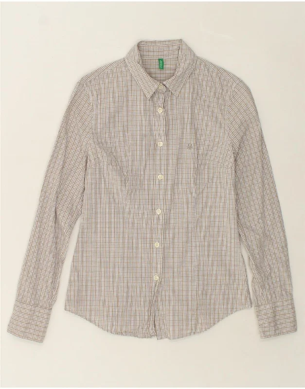 BENETTON Womens Shirt UK 12 Medium Beige Check Cotton Relaxed Fit Short Tunic