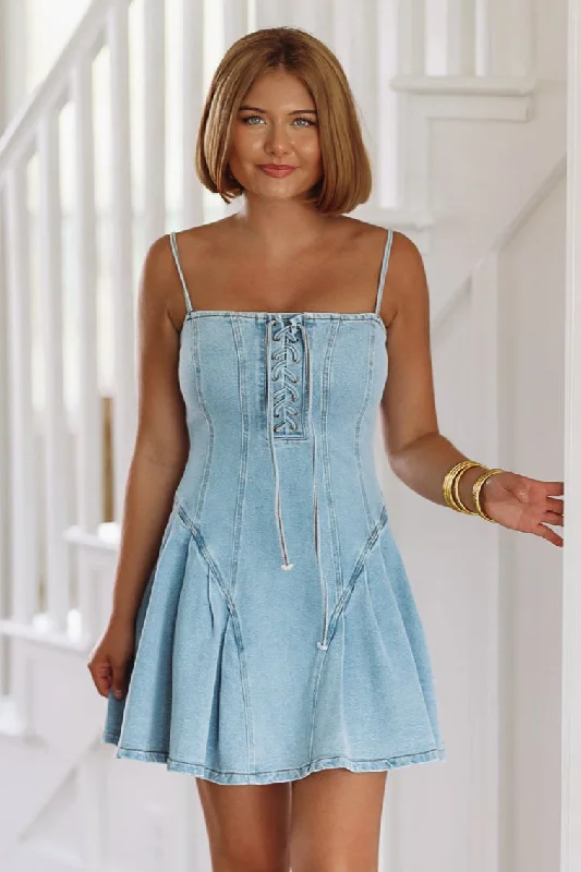 Better Days Denim Mini Dress - Denim Stylish Ribbed Mini Dress