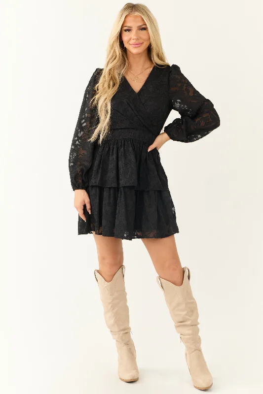 Black Leaf Textured Long Sleeve Mini Dress Fashionable Boho-Chic Mini Dress