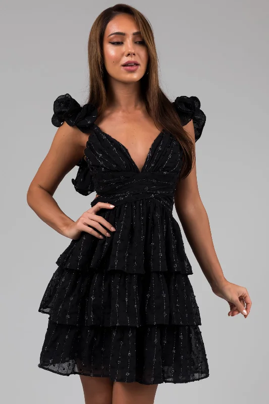 Black Sleeveless Open Back Ruffle Mini Dress Trendy Floral Mini Dress