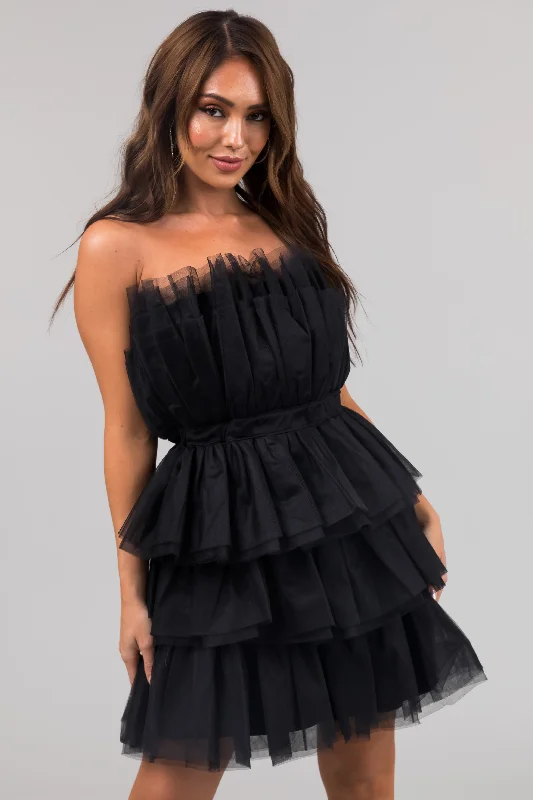 Black Strapless Tulle Tiered Mini Dress Elegant Off-Shoulder Dress Mini