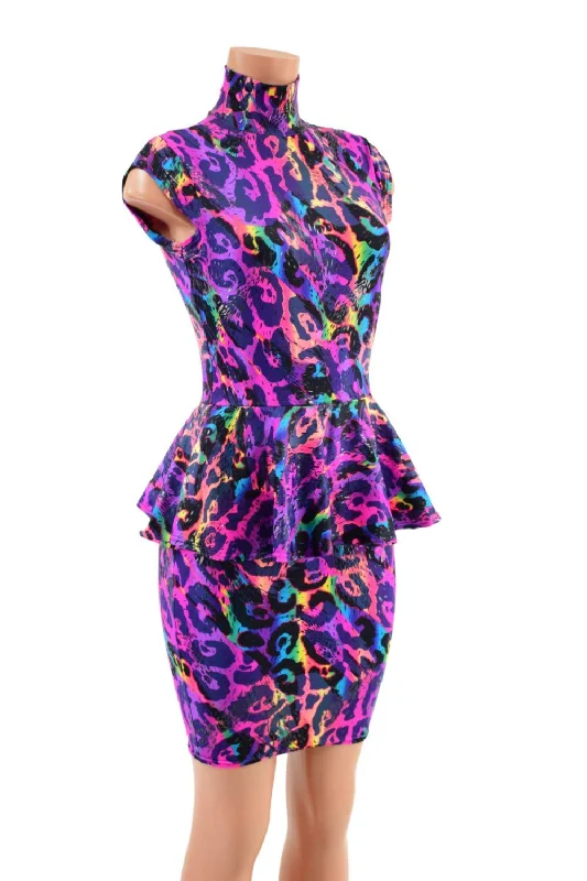 Bodycon Peplum Mini Dress with Mini Cap Sleeves and Turtleneck Casual Mini Dress with Pockets