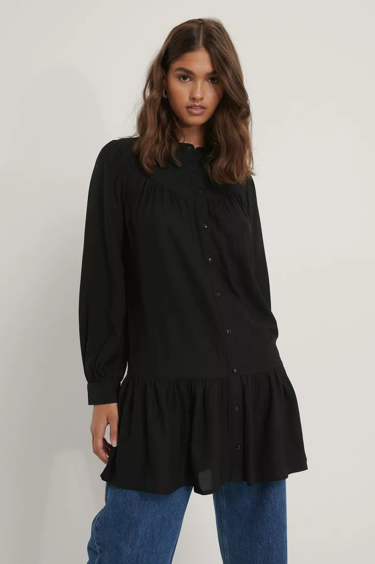Buttoned Round Neck Flounce Mini Dress Cozy Wraparound Mini Dress