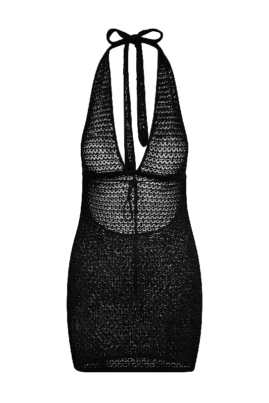 Catania Mini Dress - Black Lace Crochet Casual Button-Up Mini Dress