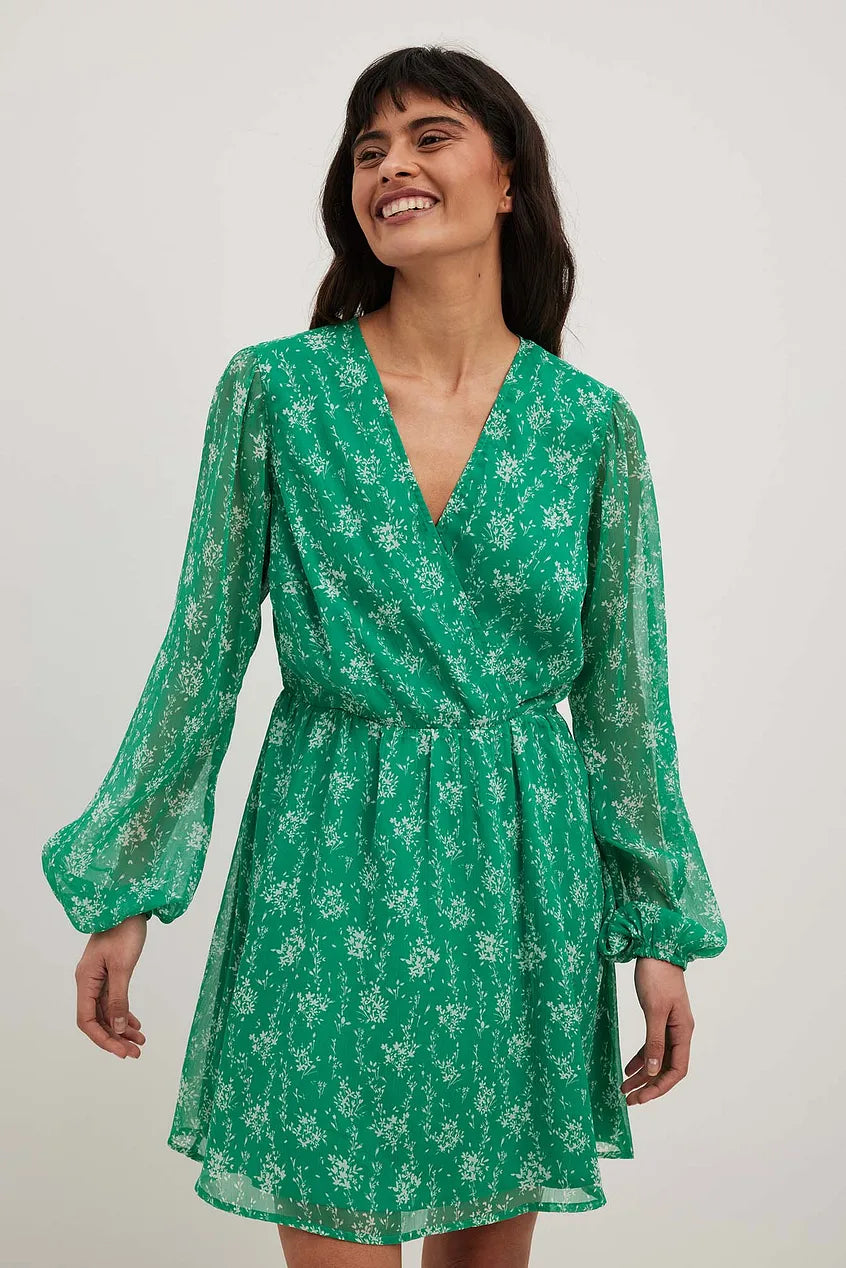 Chiffon Overlap Puff Sleeve Mini Dress Classic Shift Mini Dress