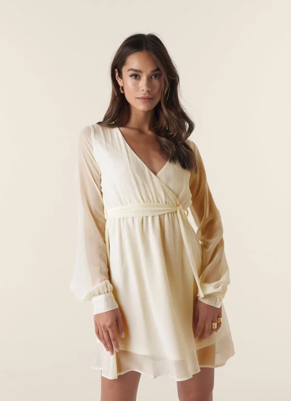 Chiffon Wrap Mini Dress Beige Fashionable Polka Dot Mini Dress