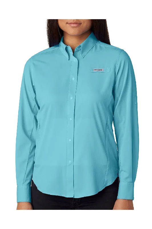 Columbia Womens Tamiami II Moisture Wicking Long Sleeve Button Down Shirt w/ Double Pockets - Clear Blue Stylish Split-Hem Short Shirt Columbia Womens Tamiami II Moisture Wicking Long Sleeve Button Down Shirt w/ Double Pockets - Clear Blue Stylish Split-Hem Short Shirt