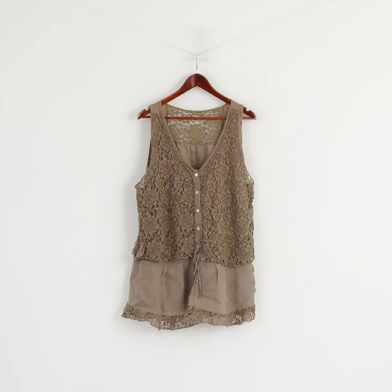 Made in Italy Women XXXL (XXL) Shirt Brown 100% Linen Lace Sleeveless Tunic Top Comfortable Fit Short Shirt Made in Italy Women XXXL (XXL) Shirt Brown 100% Linen Lace Sleeveless Tunic Top Comfortable Fit Short Shirt