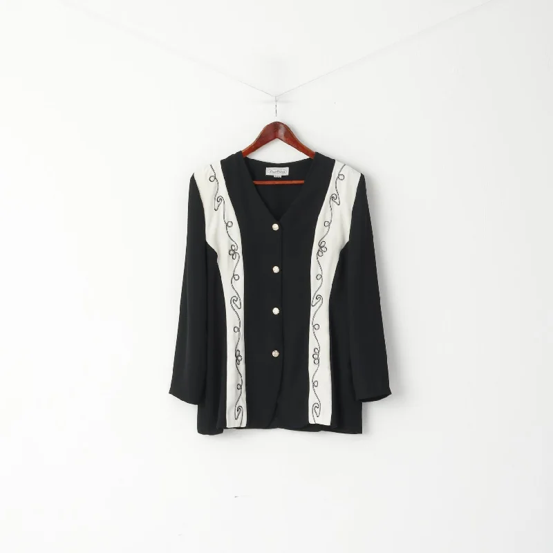 Louis Ortoni Women 16 L Shirt Black Vintage Sooulder Pads Shiny Buttoned 2/3 Sleeve Top Trendy Short Sleeve Blouse Louis Ortoni Women 16 L Shirt Black Vintage Sooulder Pads Shiny Buttoned 2/3 Sleeve Top Trendy Short Sleeve Blouse