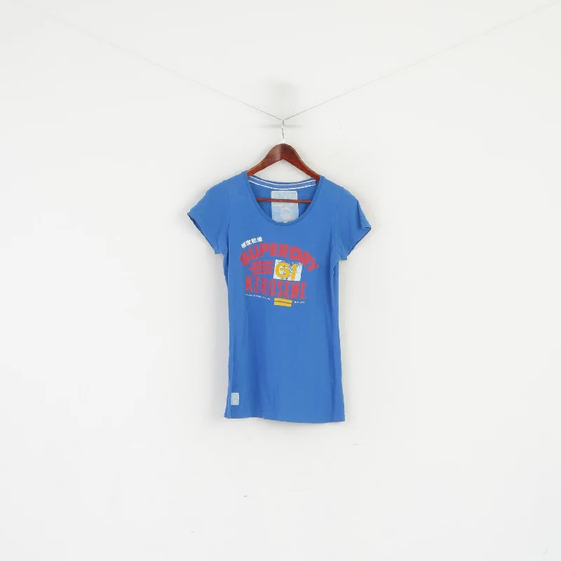 Superdry Women L Shirt Blue Cotton Graphic Slim Fit Crew Neck Stretch Top Comfortable Fit Short Shirt Superdry Women L Shirt Blue Cotton Graphic Slim Fit Crew Neck Stretch Top Comfortable Fit Short Shirt