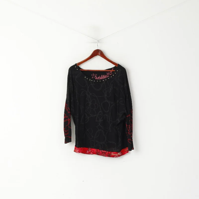 Desigual Women L Shirt Black Soft Oversize Hearts Love Print 2/3 Sleeve Top Comfortable Pocket Short Shirt Desigual Women L Shirt Black Soft Oversize Hearts Love Print 2/3 Sleeve Top Comfortable Pocket Short Shirt