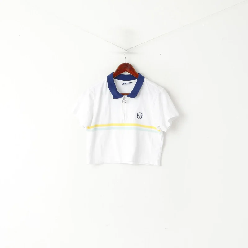 Sergio Tacchini Women L Polo Shirt White Cotton Cropped Sport Tennis Top Relaxed Fit Short Blouse Sergio Tacchini Women L Polo Shirt White Cotton Cropped Sport Tennis Top Relaxed Fit Short Blouse