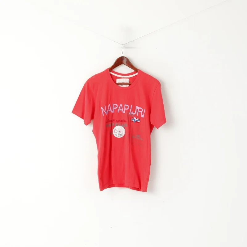 Napapijri Geographic Women L T- Shirt Red Embroided Logo Sport Top Elegant Lace Short Sleeve Napapijri Geographic Women L T- Shirt Red Embroided Logo Sport Top Elegant Lace Short Sleeve