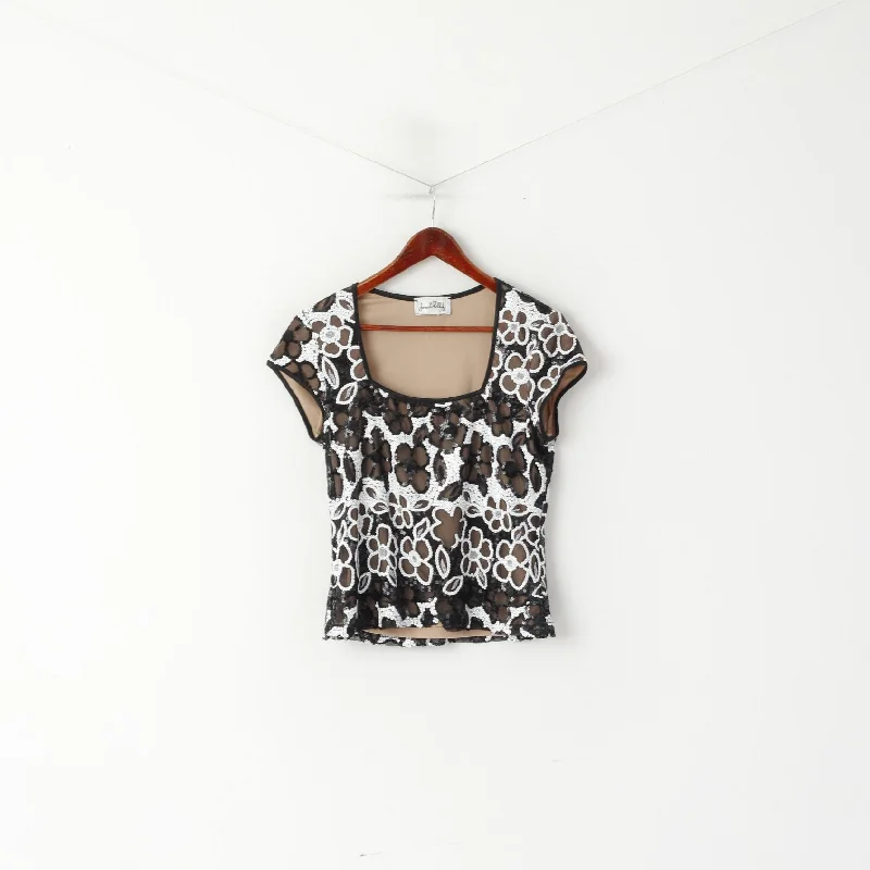 Joseph Ribkoff Women L 14 Shirt Black Floarl Sequins Elegant Ornate Cropped Top Chic Button-Up Short Shirt Joseph Ribkoff Women L 14 Shirt Black Floarl Sequins Elegant Ornate Cropped Top Chic Button-Up Short Shirt