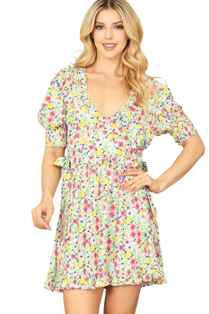 Cream Multi Floral Smocked Puff Sleeve Ruffle Detail Back Tie Mini Dress - Pack of 5 Chic Tropical Mini Dress Cream Multi Floral Smocked Puff Sleeve Ruffle Detail Back Tie Mini Dress - Pack of 5 Chic Tropical Mini Dress