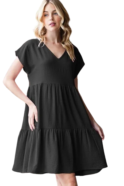 Dolman Short Sleeve V Neck Solid Tiered Mini Dress Black - Pack of 6 Fashionable Mini Dress with Slits