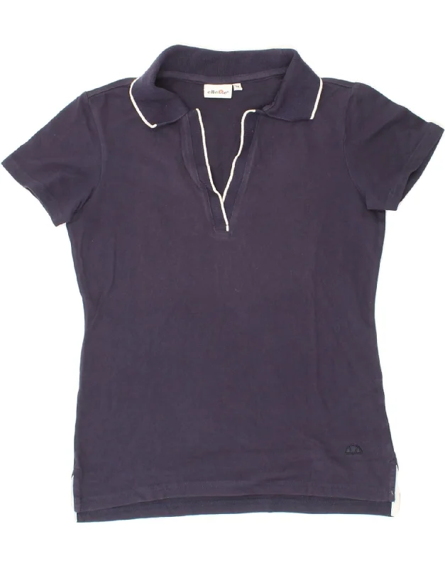 ELLESSE Womens Polo Shirt UK 12 Medium Navy Blue Cotton Soft Silk Short Sleeve