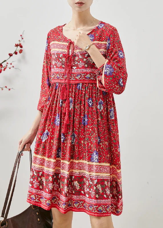 Fashion Red Tasseled Print Cotton Mini Dresses Fall Fashionable Mini Dress with Pockets