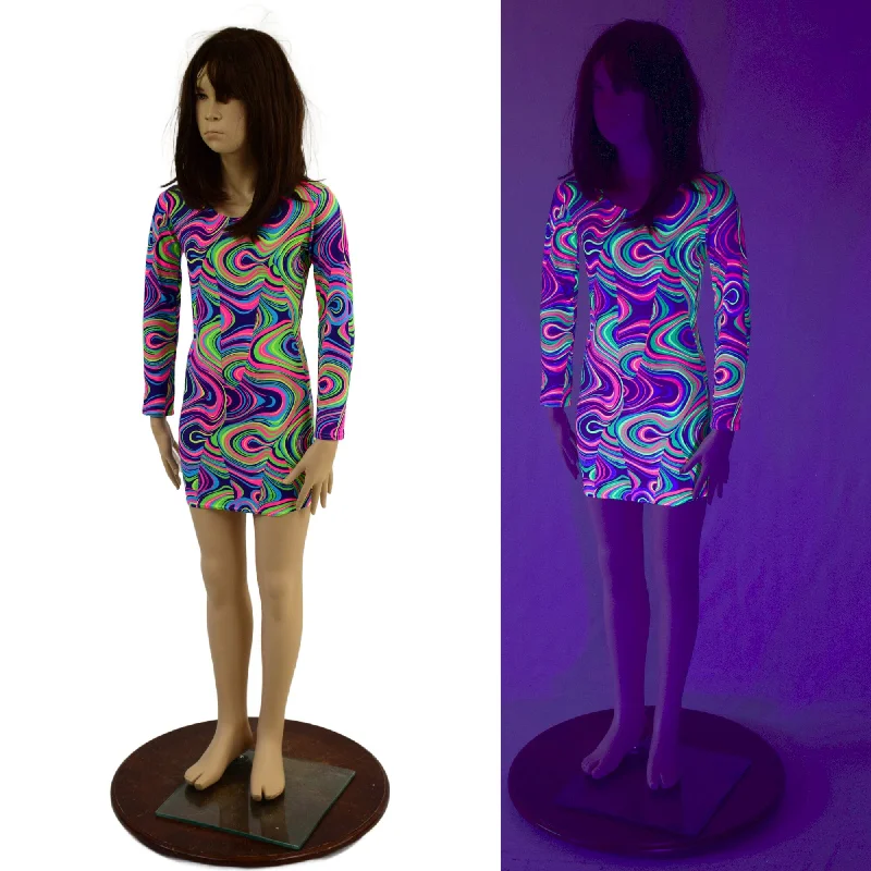 Girls Neon Glow Worm Mini Dress with Long Sleeves Stylish Ruffle Mini Dress