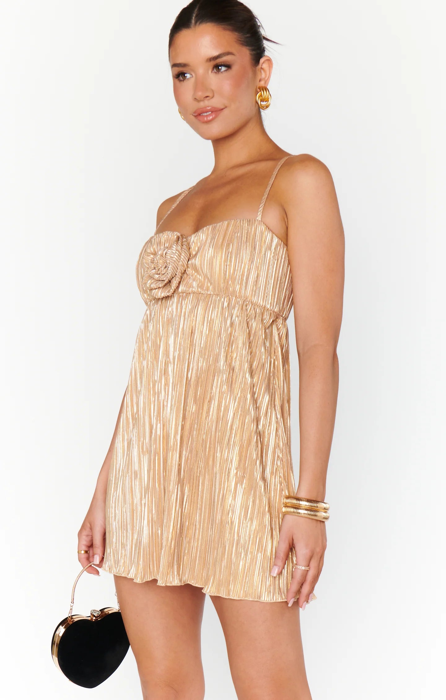 GNO Mini Dress ~ Gold Pleat Cozy Satin Mini Dress