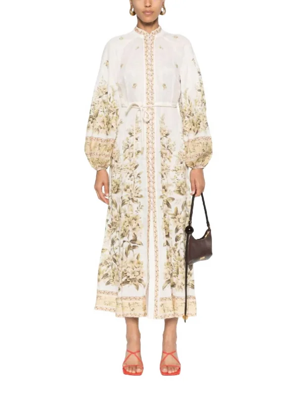 Golden Buttoned Midi Dress In Sage Toile Floral Fashionable One-Shoulder Midi Dress