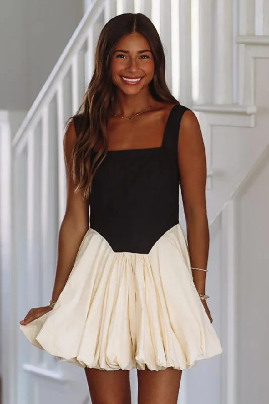 Headed Upstate Balloon Mini Dress - Black and Cream Casual High-Waist Mini Dress