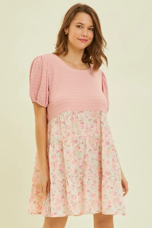 Round Neck Floral Ruffle Hem Mini Dress Elegant Lace-Up Mini Dress
