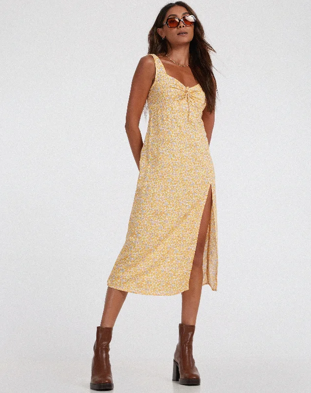 Jorie Midi Dress in Flower Garden Yellow Stylish Midi Dress with Cuffs