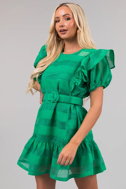Kelly Green Ruffle Belted Waist Striped Mini Dress Cozy Sweater Mini Dress