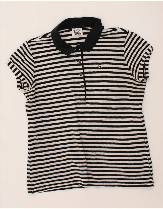LACOSTE Womens Polo Shirt Size 44 Large White Striped Classic V-Neck Short Shirt