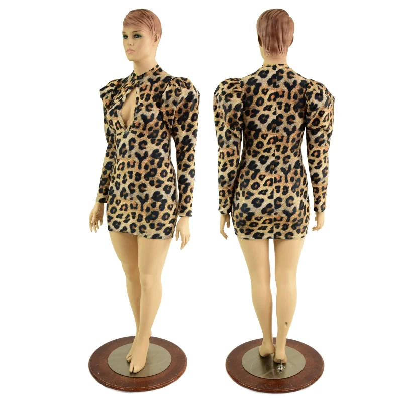 Leopard Print Bodycon Mini Dress with Victoria Sleeves Elegant Lace-Up Mini Dress
