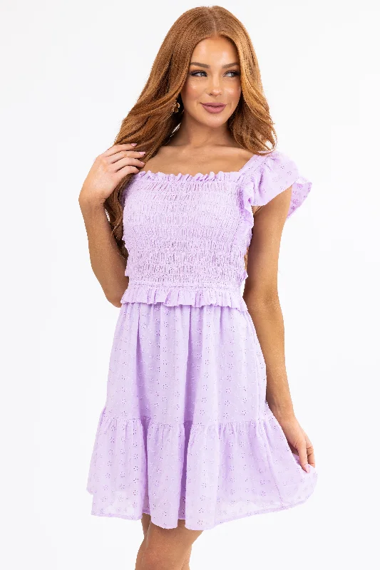 Light Iris Smocked Top Back Cut Out Mini Dress Comfortable Casual Mini Dress