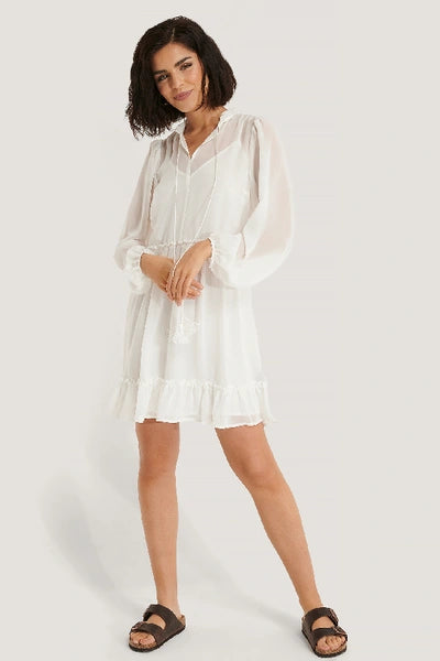 Long Sleeve Flowy Mini Dress White Elegant Mini Dress with Ruffles
