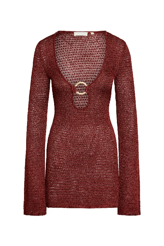 Montego Mini Dress - Burgundy Treble Knit Elegant Satin Lace Mini Dress