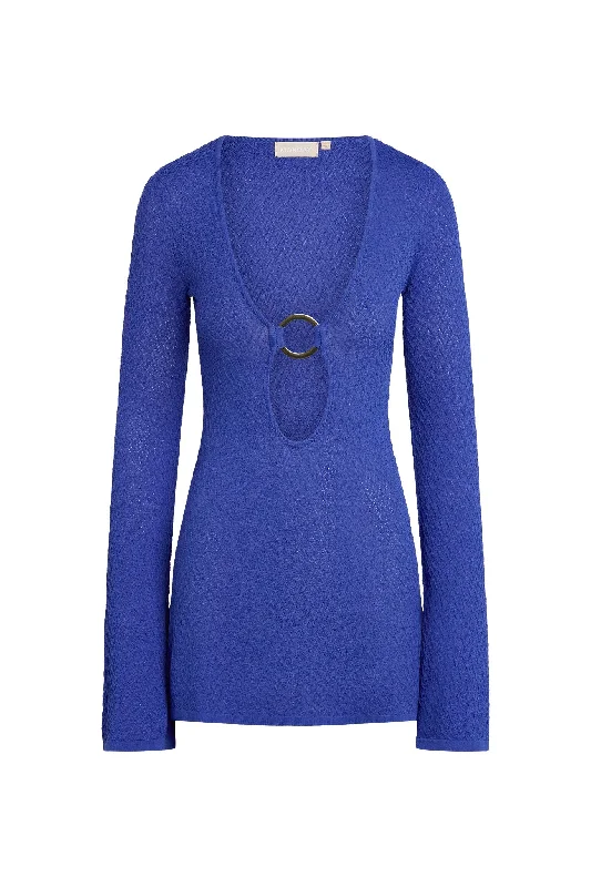 Montego Mini Dress - Cobalt Hatch Jacquard Stylish Sweetheart Neck Mini Dress