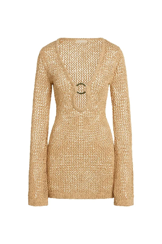 Montego Mini Dress - Raffia Crochet Cozy Cowl Neck Mini Dress