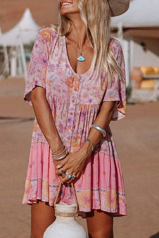 Multicolor Hibiscus Floral Print Ruffle Mini Dress Cozy Satin Mini Dress
