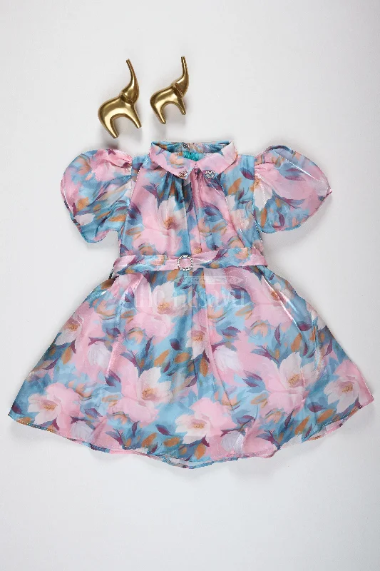 Girls Pastel Floral Fancy Mini Dress with Puffed Sleeves and Belted Waist for Summer Parties Trendy A-Line Mini Dress Girls Pastel Floral Fancy Mini Dress with Puffed Sleeves and Belted Waist for Summer Parties Trendy A-Line Mini Dress