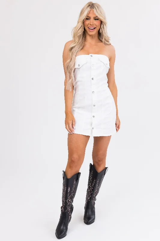Off White Denim Strapless Button Down Mini Dress Cozy Knitted Mini Dress