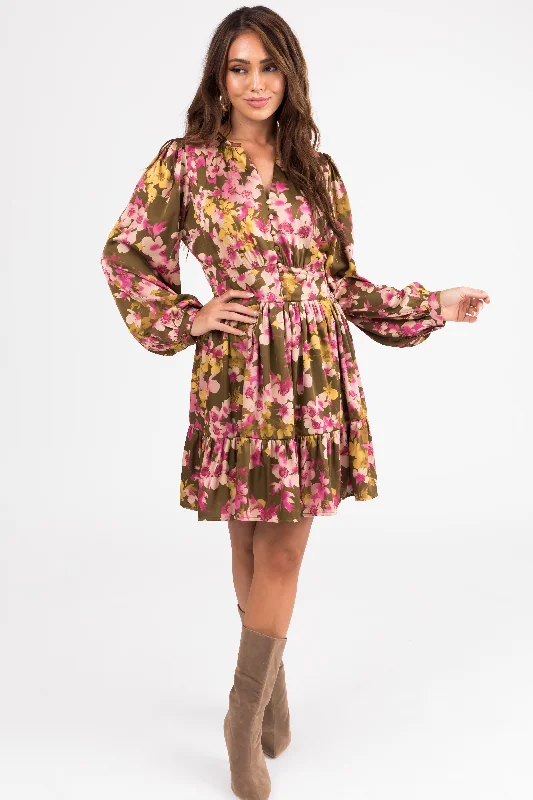 Olive Floral Print Ruffle Hem Mini Dress Fashionable Boho-Chic Mini Dress
