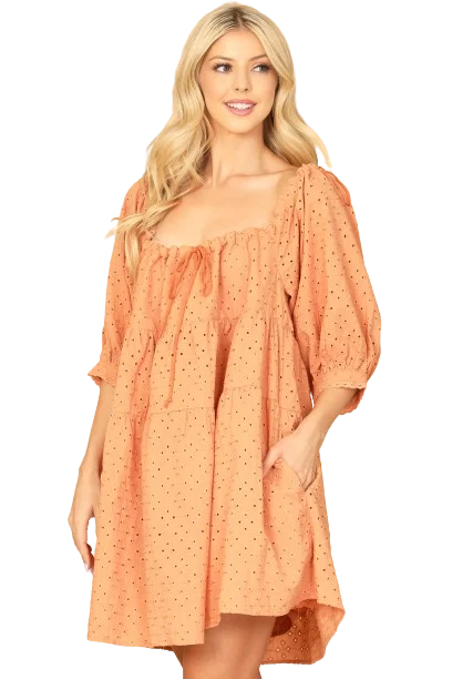 Peach Puff Sleeve Eyelet Babydoll Mini Dress - Pack of 5 Fashionable Mini Dress with Pockets