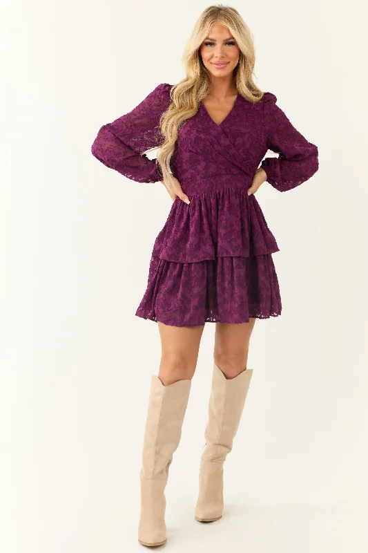 Plum Leaf Textured Long Sleeve Mini Dress Comfortable Zip-Up Mini Dress