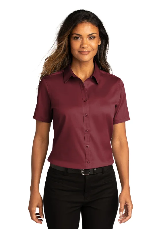 Port Authority Womens SuperPro Wrinkle Resistant React Short Sleeve Button Down Shirt - Burgundy Relaxed Cotton Short Blouse Port Authority Womens SuperPro Wrinkle Resistant React Short Sleeve Button Down Shirt - Burgundy Relaxed Cotton Short Blouse