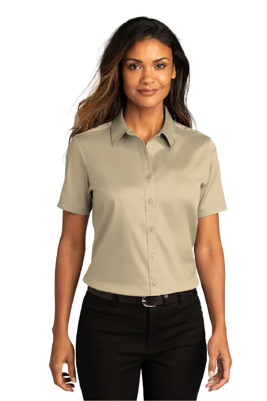 Port Authority Womens SuperPro Wrinkle Resistant React Short Sleeve Button Down Shirt - Wheat Chic V-Neck Short Blouse Port Authority Womens SuperPro Wrinkle Resistant React Short Sleeve Button Down Shirt - Wheat Chic V-Neck Short Blouse