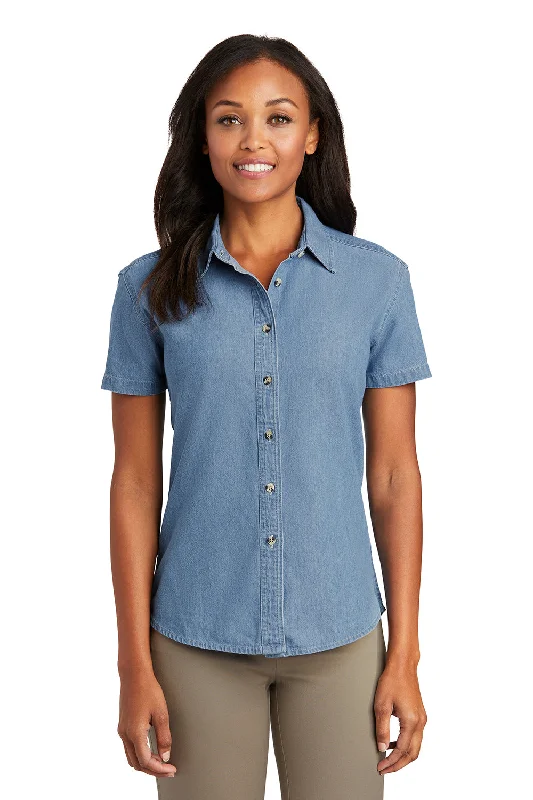 Port & Company Womens Denim Short Sleeve Button Down Shirt - Faded Blue Cozy Summer Short Shirt Port & Company Womens Denim Short Sleeve Button Down Shirt - Faded Blue Cozy Summer Short Shirt