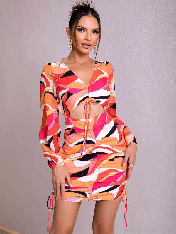 Printed Open Back Cutout Drawstring Mini Dress Classic Solid Mini Dress