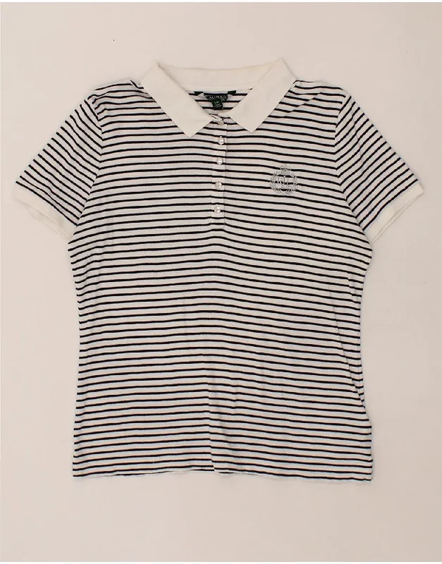 RALPH LAUREN Womens Polo Shirt UK 14 Large White Striped Cotton Chic V-Neck Short Blouse RALPH LAUREN Womens Polo Shirt UK 14 Large White Striped Cotton Chic V-Neck Short Blouse