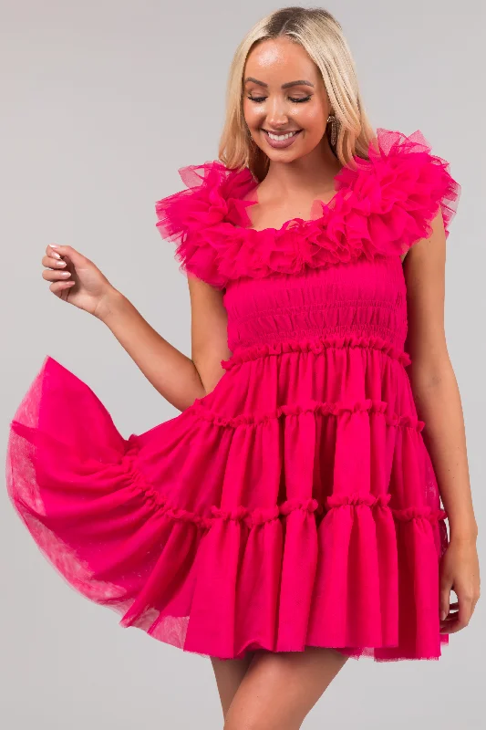 Raspberry Off the Shoulder Tiered Mini Dress Trendy Camisole Mini Dress