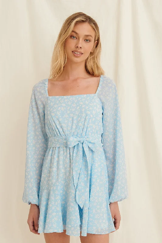 Overlapped Frill Mini Dress Blue Cozy Sweater Mini Dress