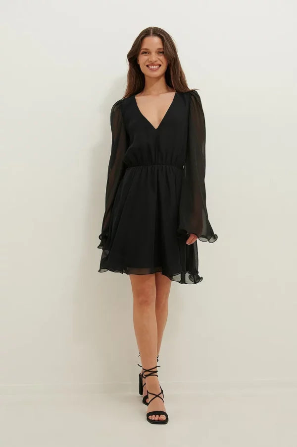 Recycled Wide Sleeve Chiffon Mini Dress Black Stylish Summer Mini Dress